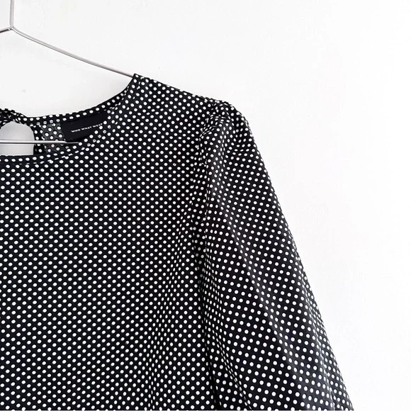 Who What Wear Black Polka Dot Blouse / 3/4 Sleeves & Back Tie Detail - Picture 5 of 8